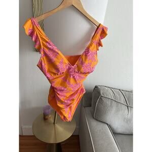Ellen Tracy Ruffled Coral Pink Orange Swimsuit 12 Slimming